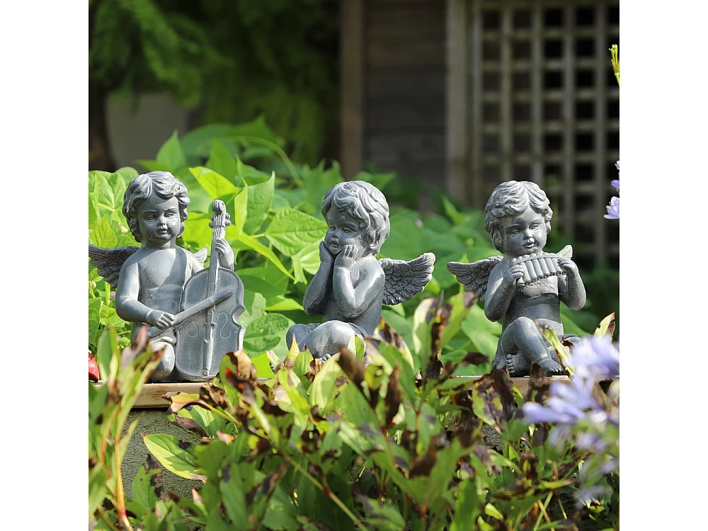 Statuette statue sculpture jardin ange flûte béton gris 24.5cm