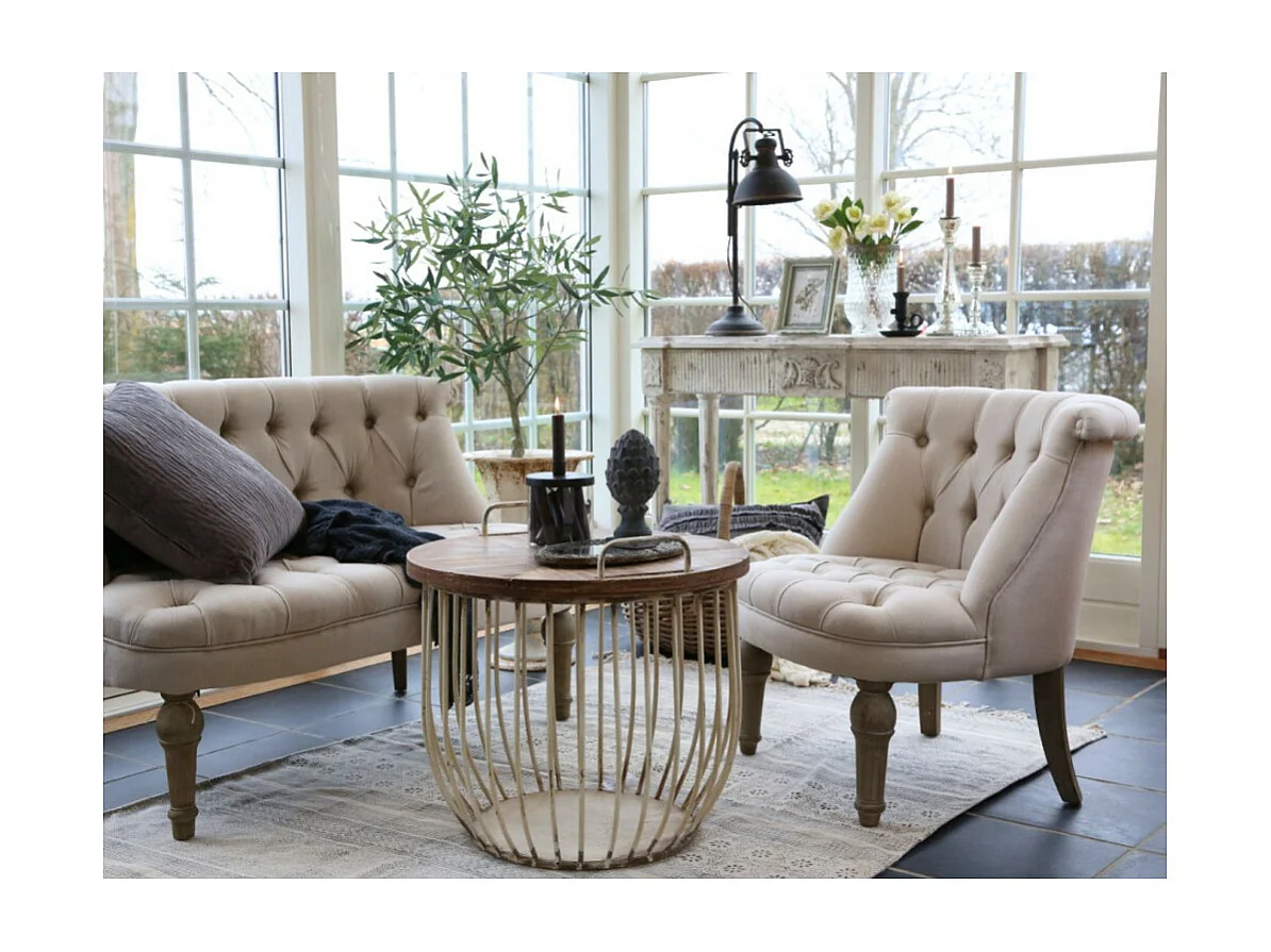 Fauteuil en tissu de lin et bois de chêne blanc antique 67 x 66 x 71cm