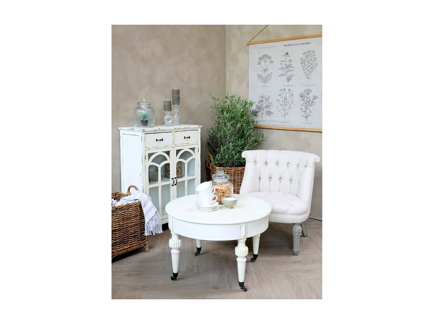 Fauteuil en tissu de lin et bois de chêne blanc antique 67 x 66 x 71cm