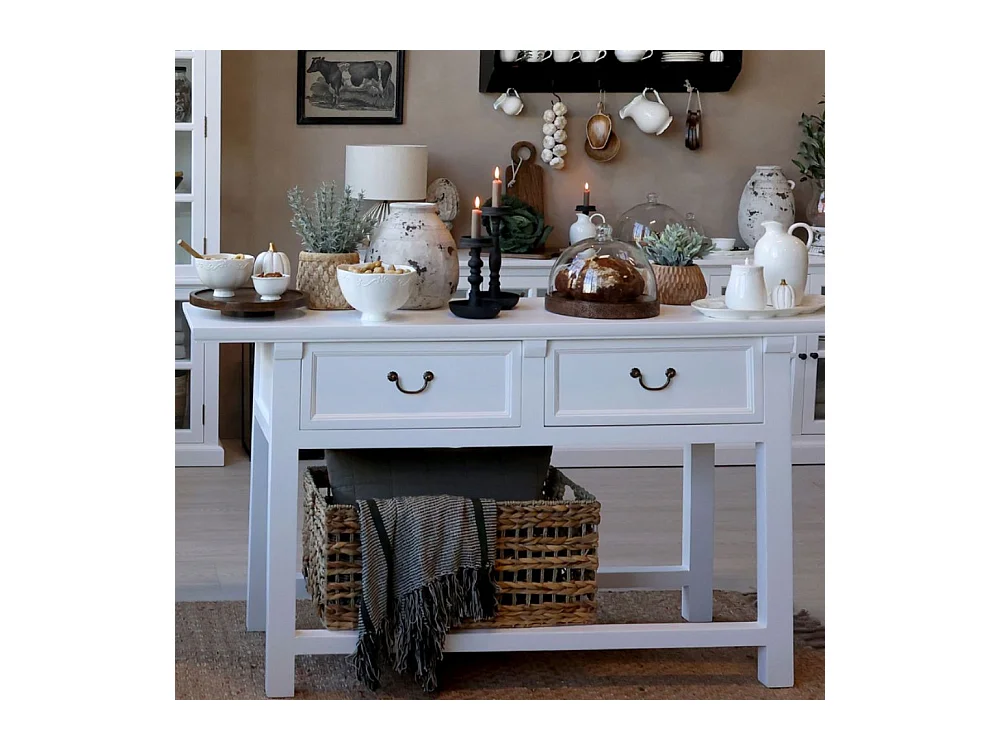 Table de service desserte en bois de pin recyclé blanc 150 x 40 x 85cm