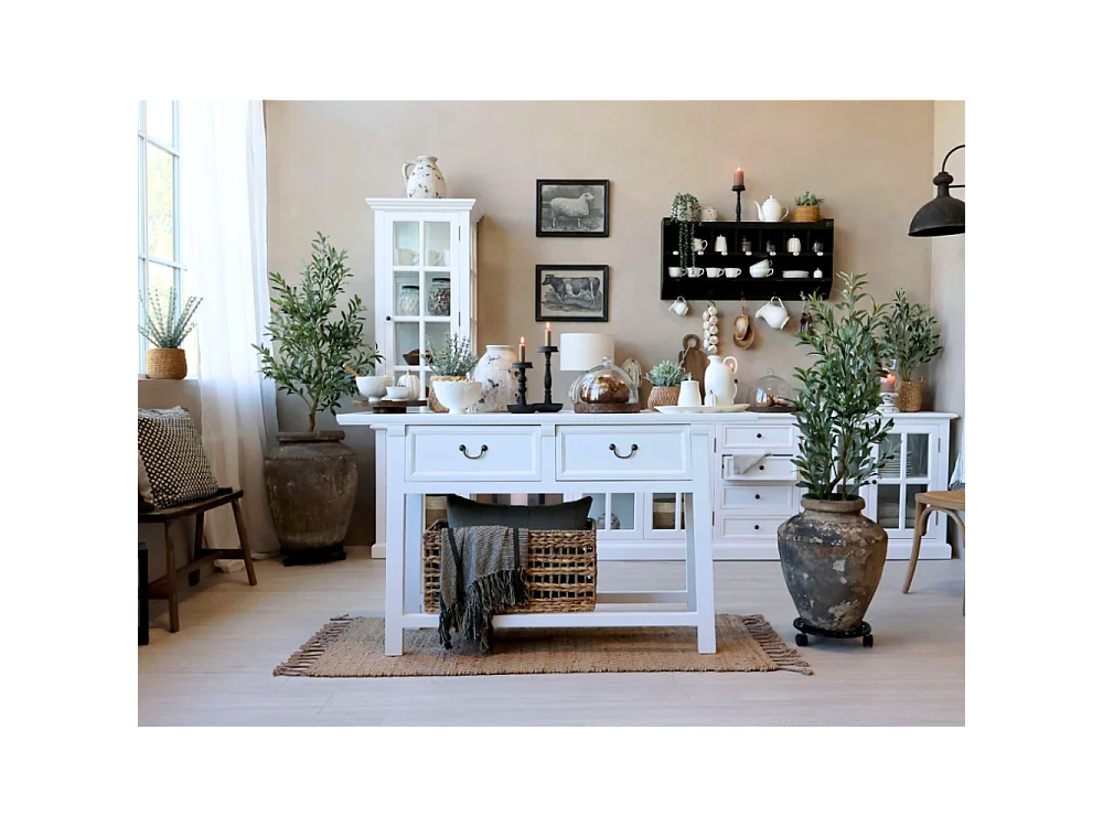 Table de service desserte en bois de pin recyclé blanc 150 x 40 x 85cm