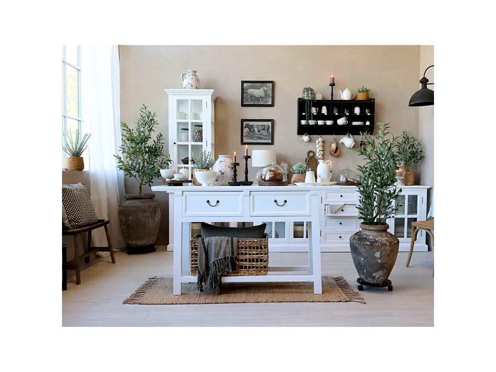 Table de service desserte en bois de pin recyclé blanc 150 x 40 x 85cm