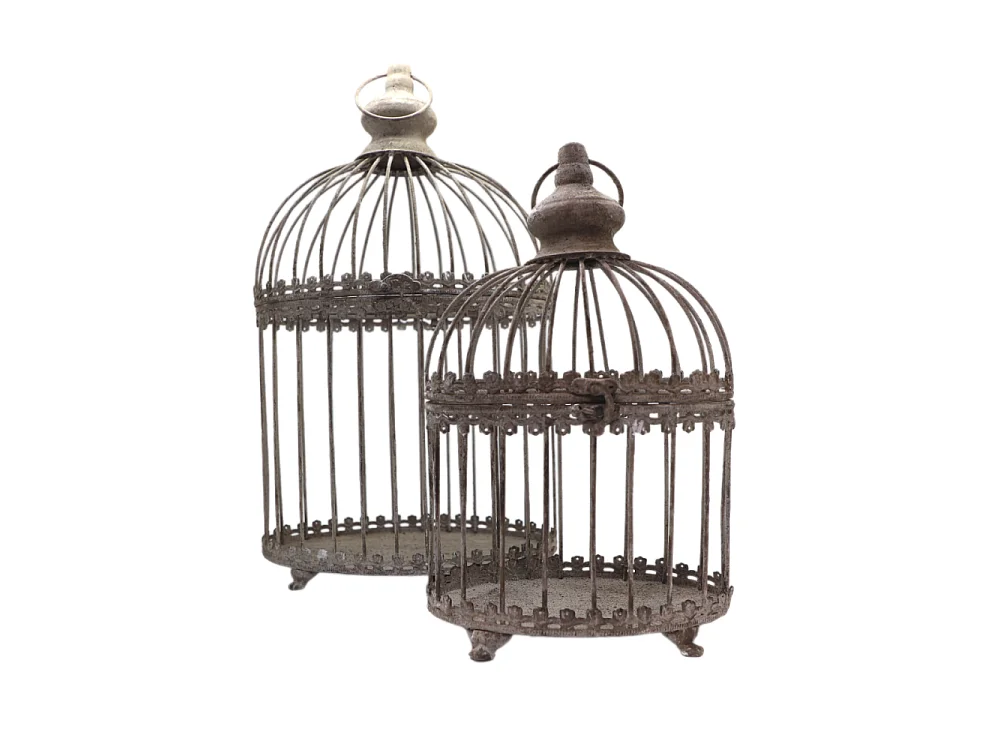 Set de 2 cages à oiseaux bougeoir métal gris Ht.46.5-33.5 cm