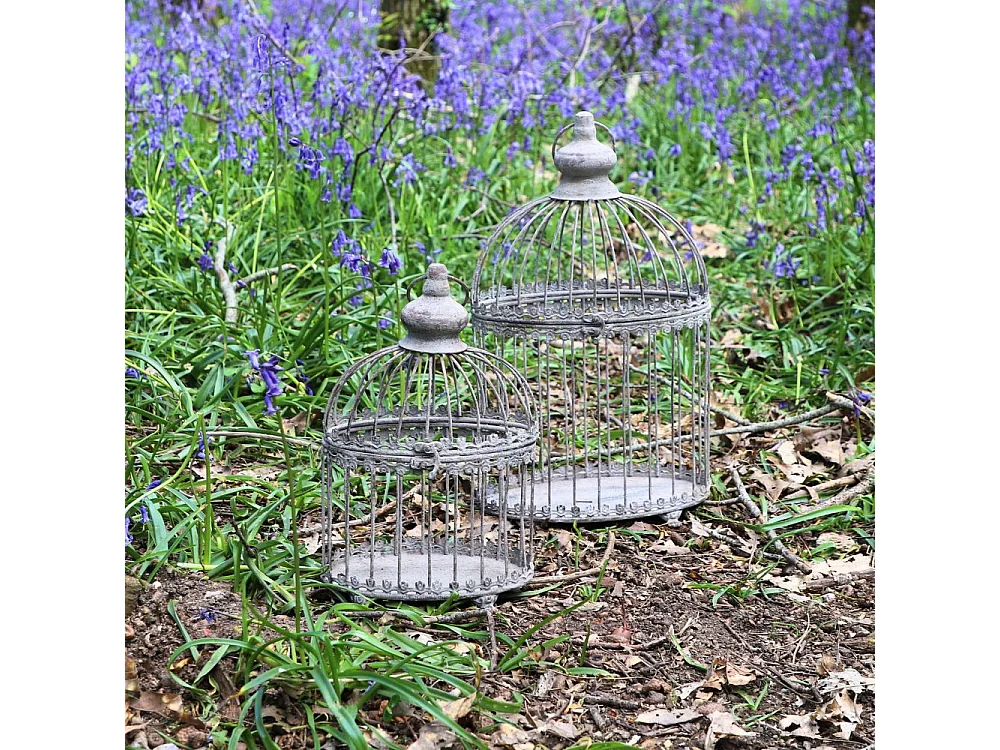 Set de 2 cages à oiseaux bougeoir métal gris Ht.46.5-33.5 cm