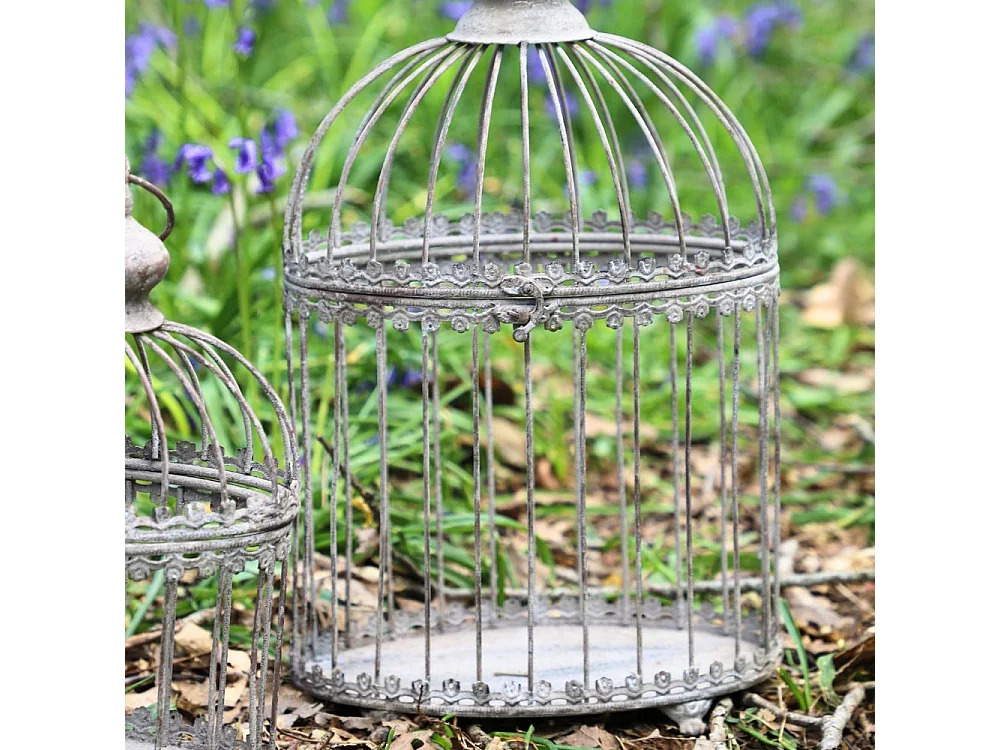Set de 2 cages à oiseaux bougeoir métal gris Ht.46.5-33.5 cm