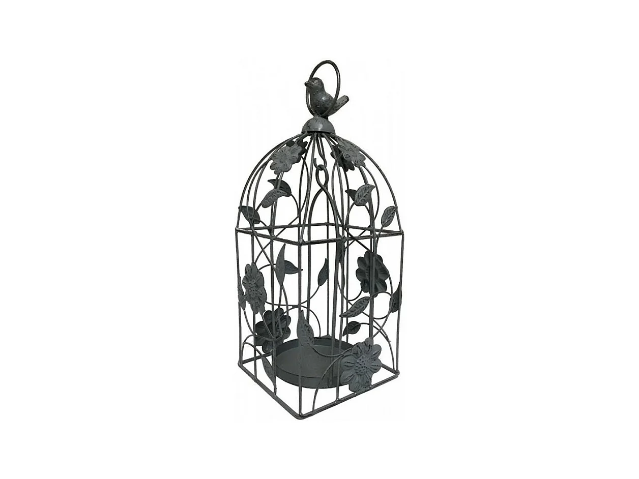 Cage à oiseaux décorative ancienne métal gris 13x13x34cm