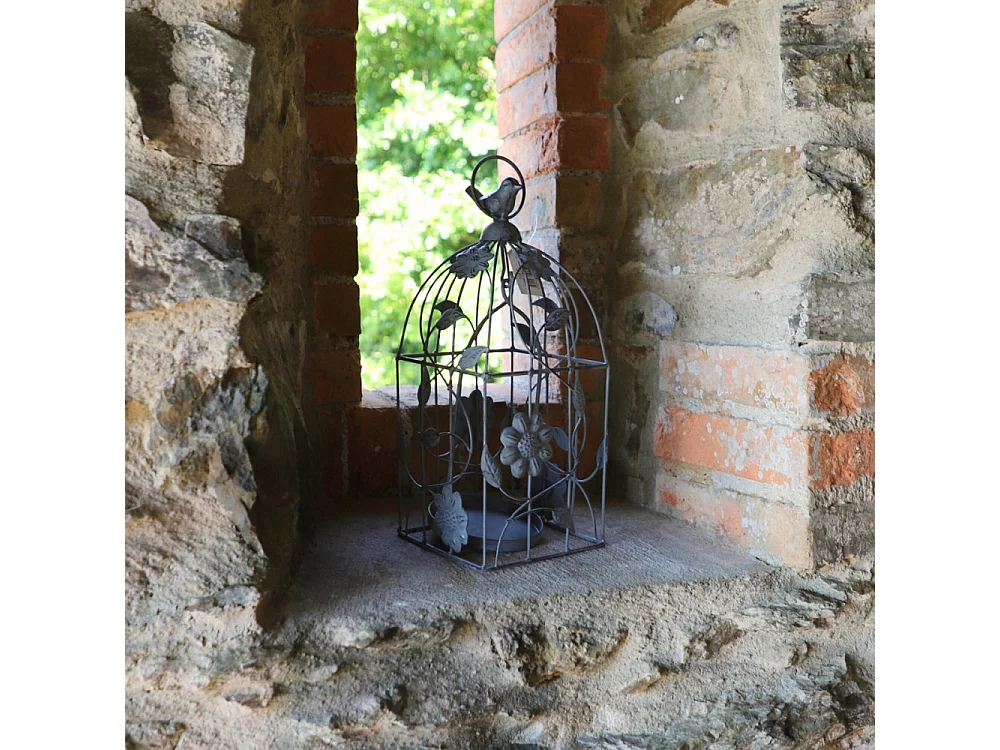 Cage à oiseaux décorative ancienne métal gris 13x13x34cm
