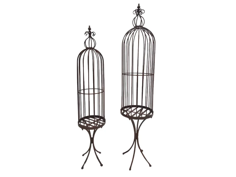 Set2 grandes cages à oiseaux décoratives sur pieds fer marron 150cm
