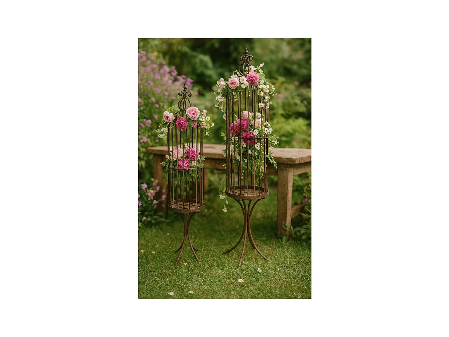 Set2 grandes cages à oiseaux décoratives sur pieds fer marron 150cm