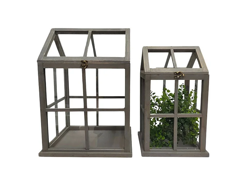 Set de 2 mini serres d'intérieur en bois gris et verre