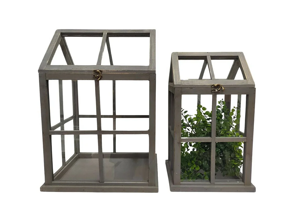 Set de 2 mini serres d'intérieur en bois gris et verre