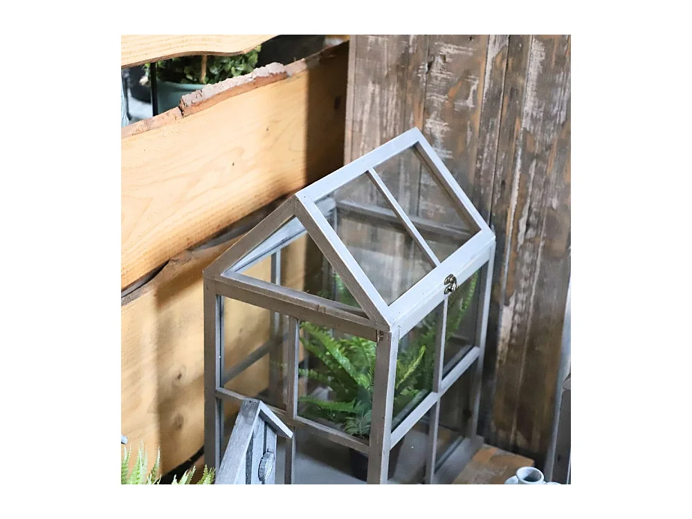 Set de 2 mini serres d'intérieur en bois gris et verre