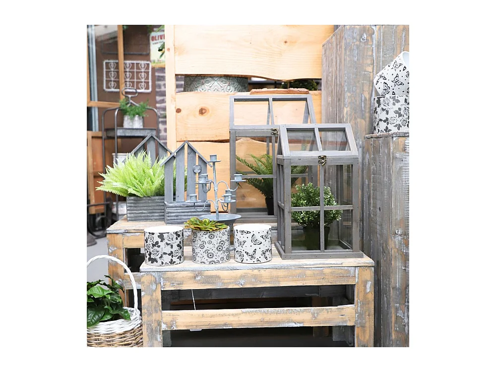 Set de 2 mini serres d'intérieur en bois gris et verre