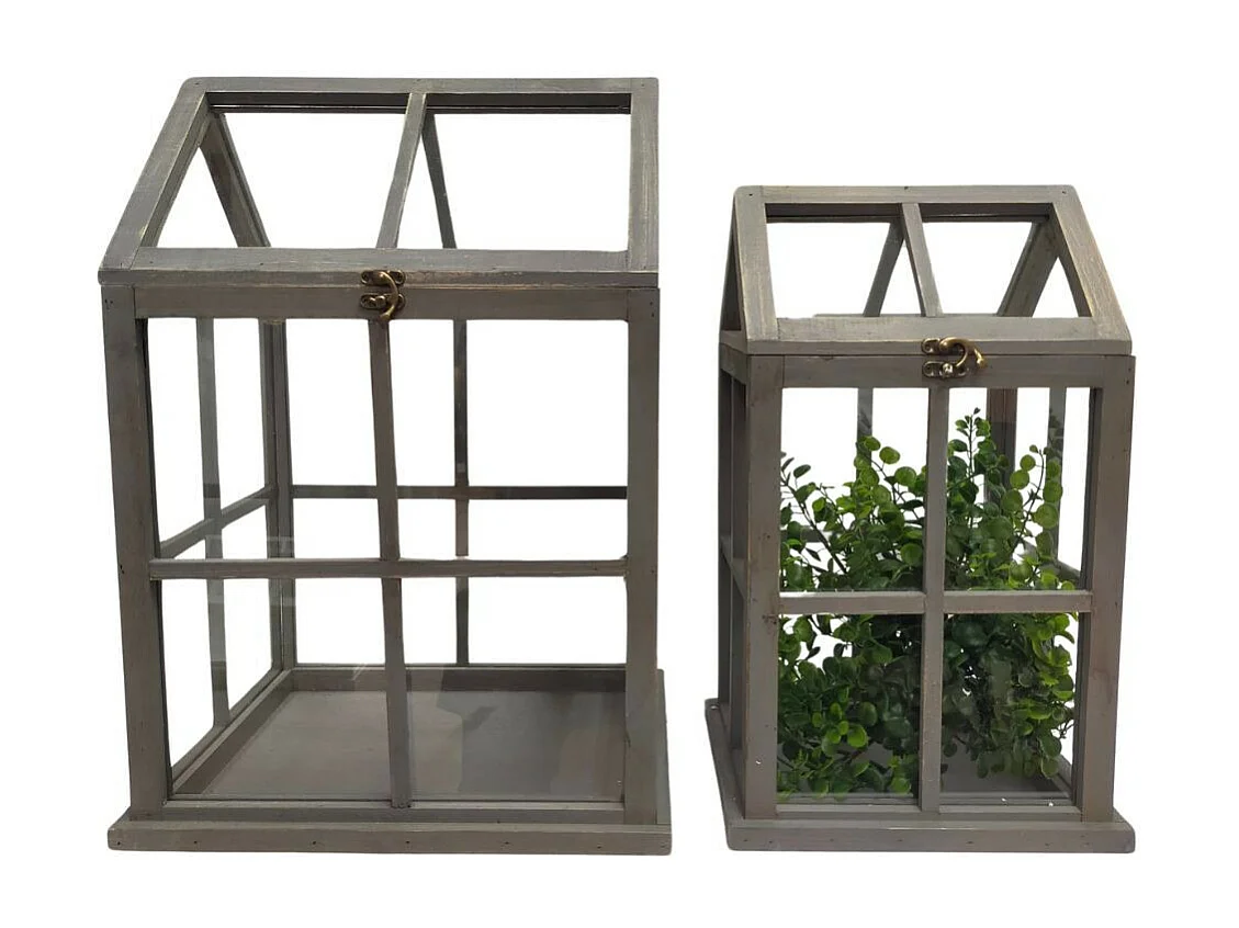 Set de 2 mini serres d'intérieur en bois gris et verre