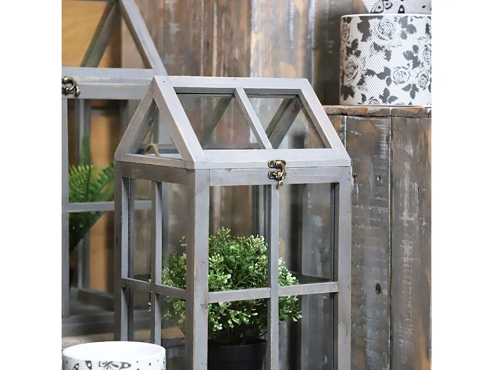 Set de 2 mini serres d'intérieur en bois gris et verre