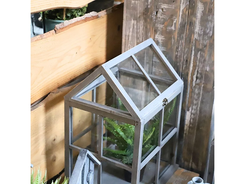 Set de 2 mini serres d'intérieur en bois gris et verre