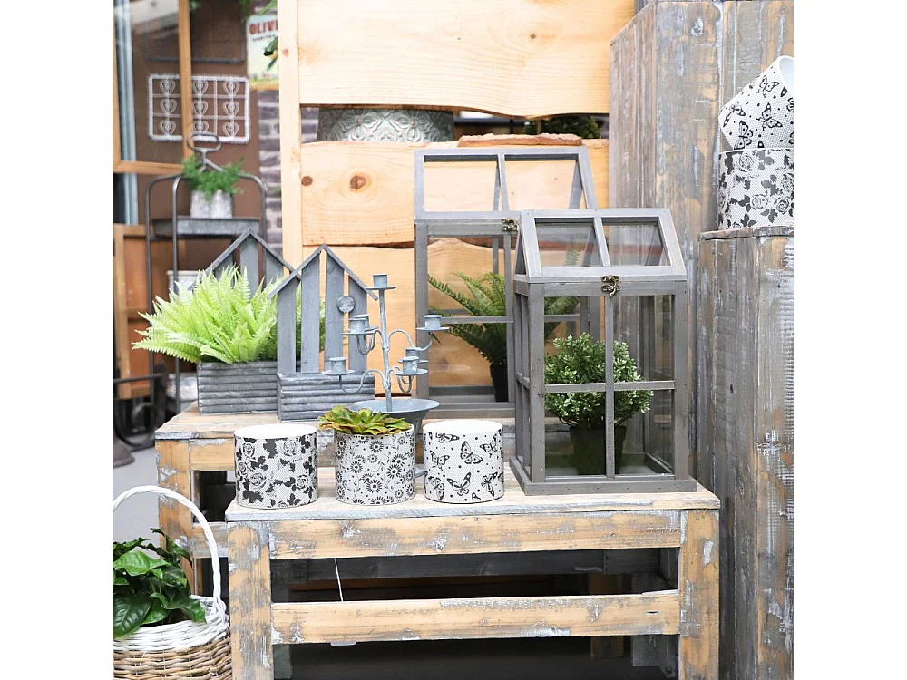 Set de 2 mini serres d'intérieur en bois gris et verre