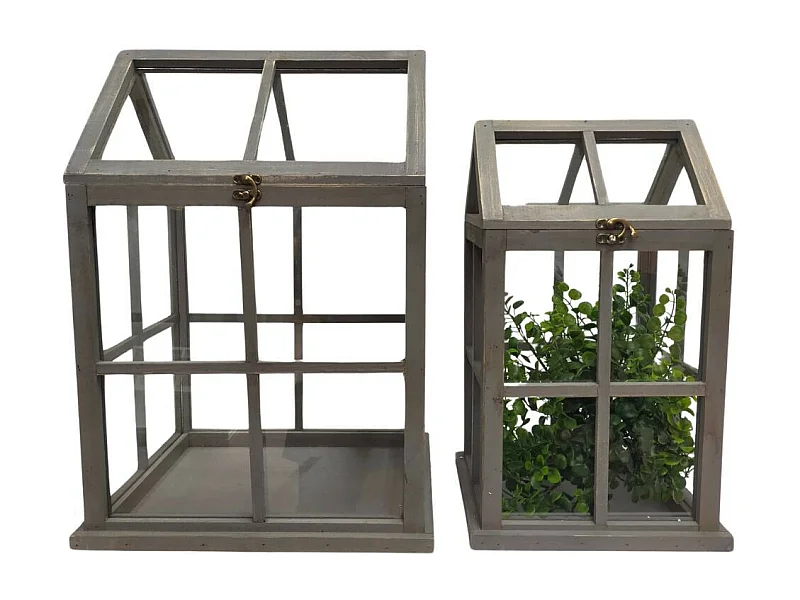 Set de 2 mini serres d'intérieur en bois gris et verre