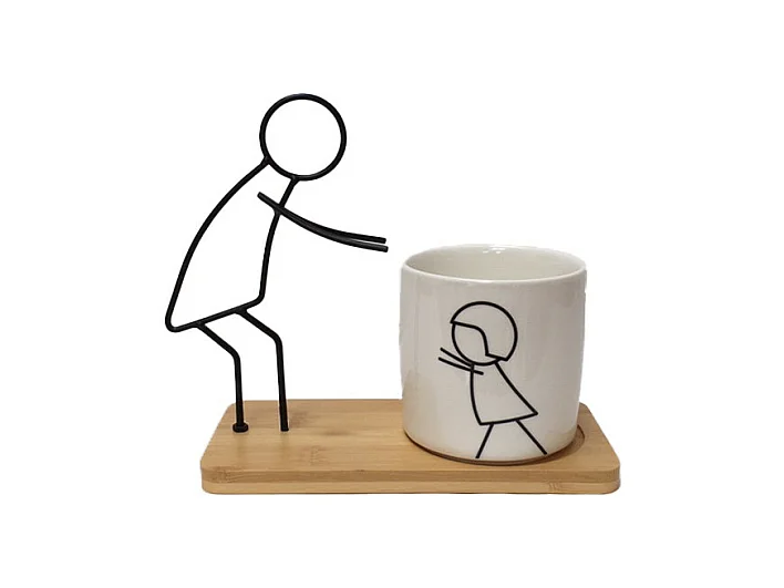 Cache-pot en porcelaine blanche et son support en bois et métal 20 x 10 x 18 cm