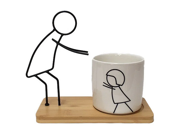 Cache-pot en porcelaine blanche et son support en bois et métal 20 x 10 x 18 cm