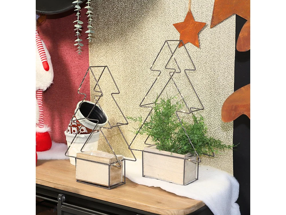 Jardinière sapin de Noël décoration bois métal marron 30.5x18x50cm