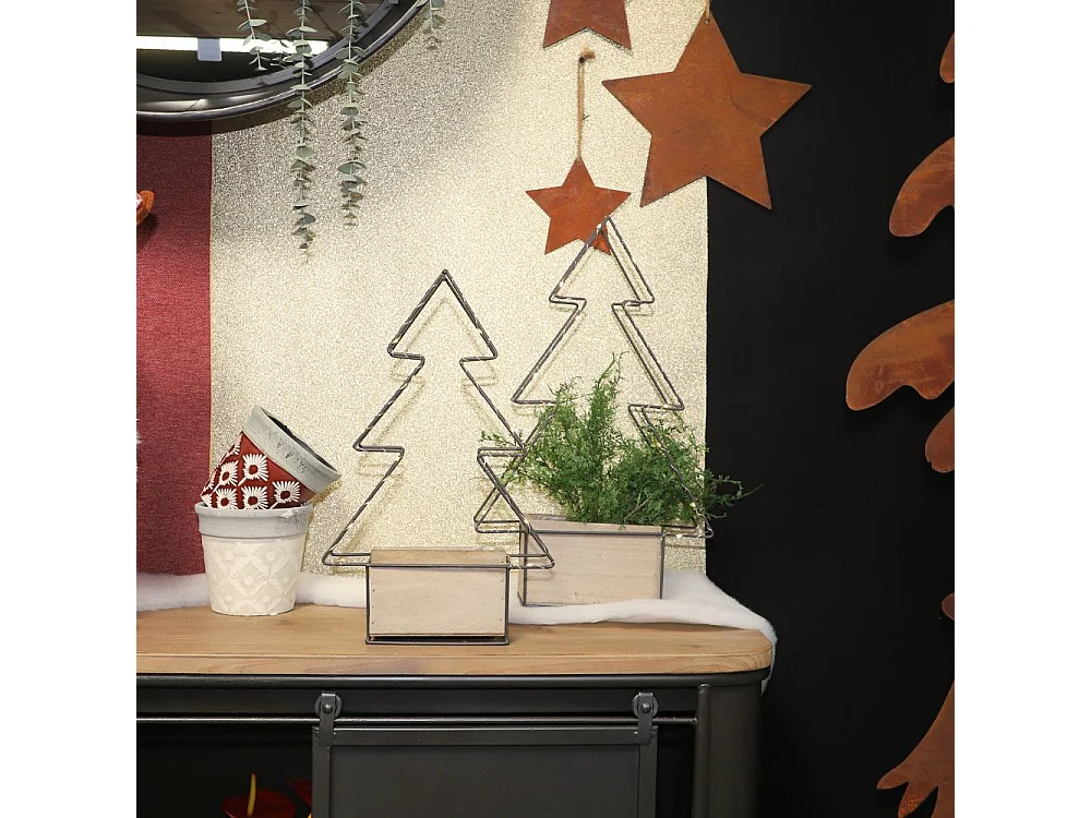 Jardinière sapin de Noël décoration bois métal marron 30.5x18x50cm