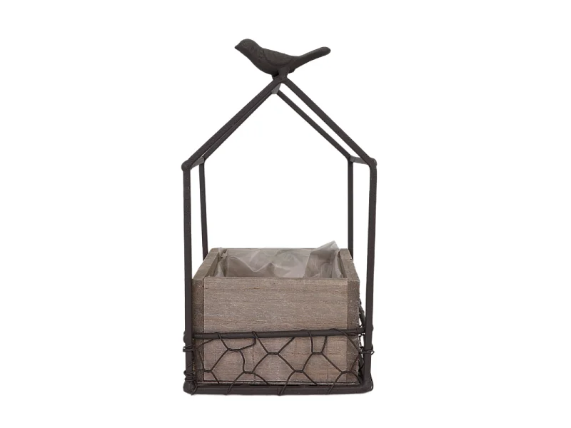 Jardinière extérieure pot fleurs jardin bois métal marron 12x12x20.5cm