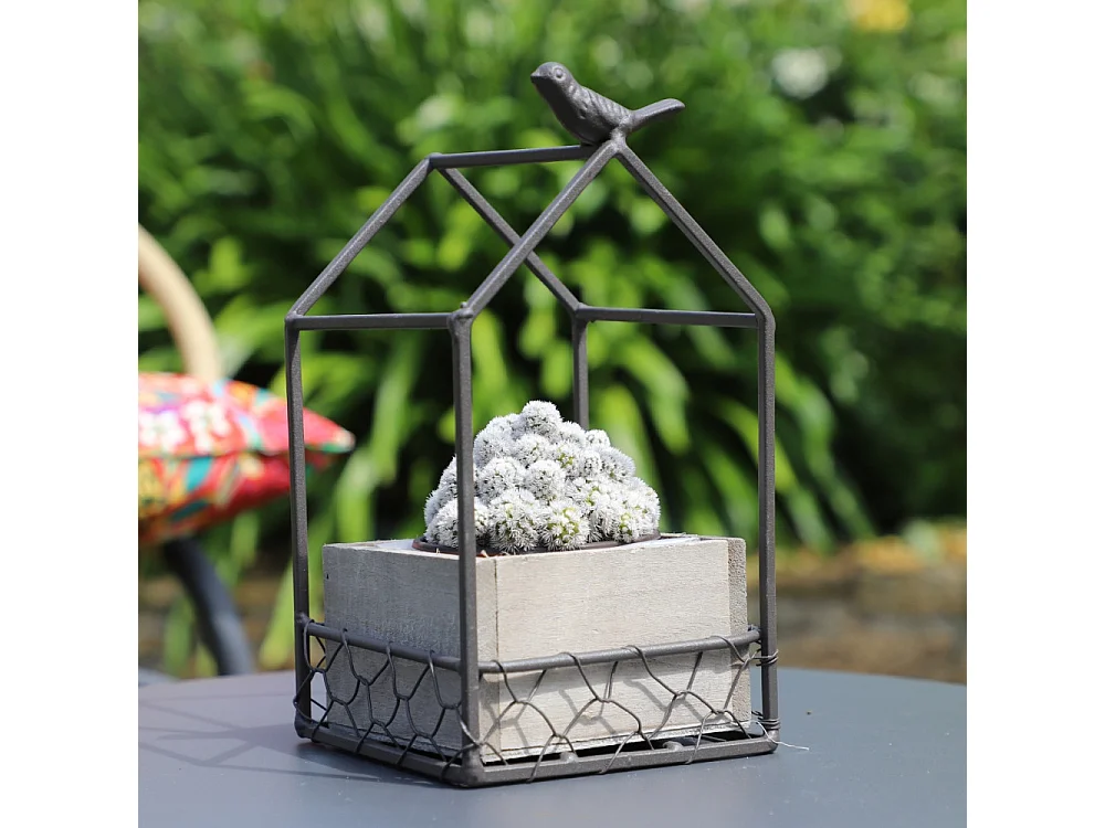 Jardinière extérieure pot fleurs jardin bois métal marron 12x12x20.5cm