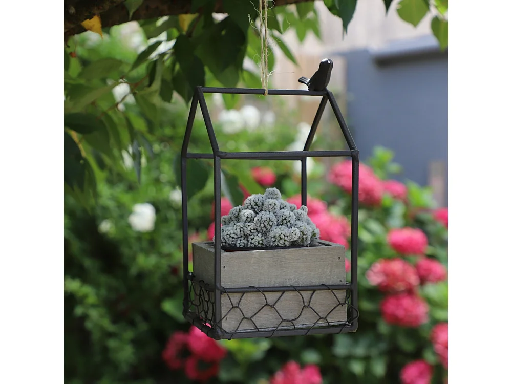 Jardinière extérieure pot fleurs jardin bois métal marron 12x12x20.5cm