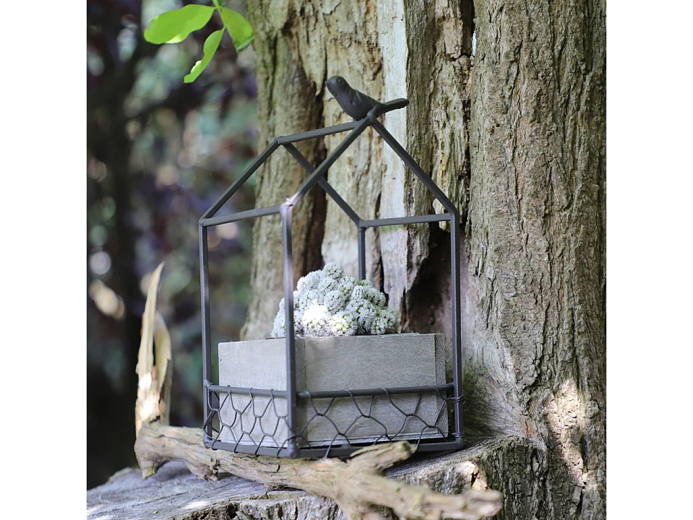 Jardinière extérieure pot fleurs jardin bois métal marron 12x12x20.5cm