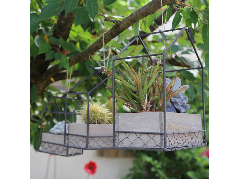 Jardinière extérieure pot fleurs jardin bois métal marron 12x12x20.5cm