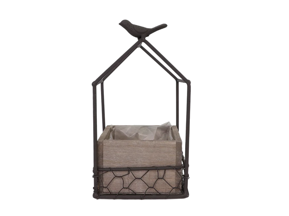 Jardinière extérieure pot fleurs jardin bois métal marron 12x12x20.5cm