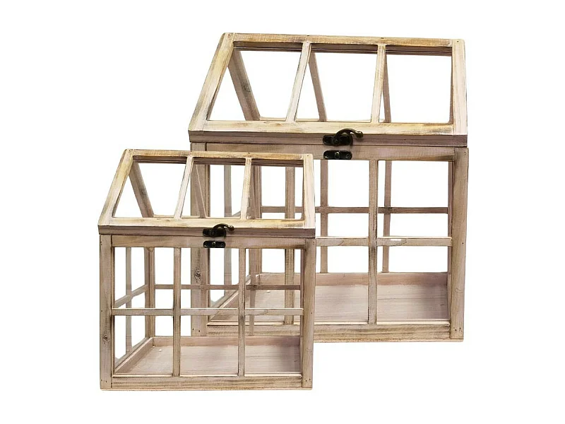 Set de 2 mini serres d'intérieur en bois naturel rosé et verre