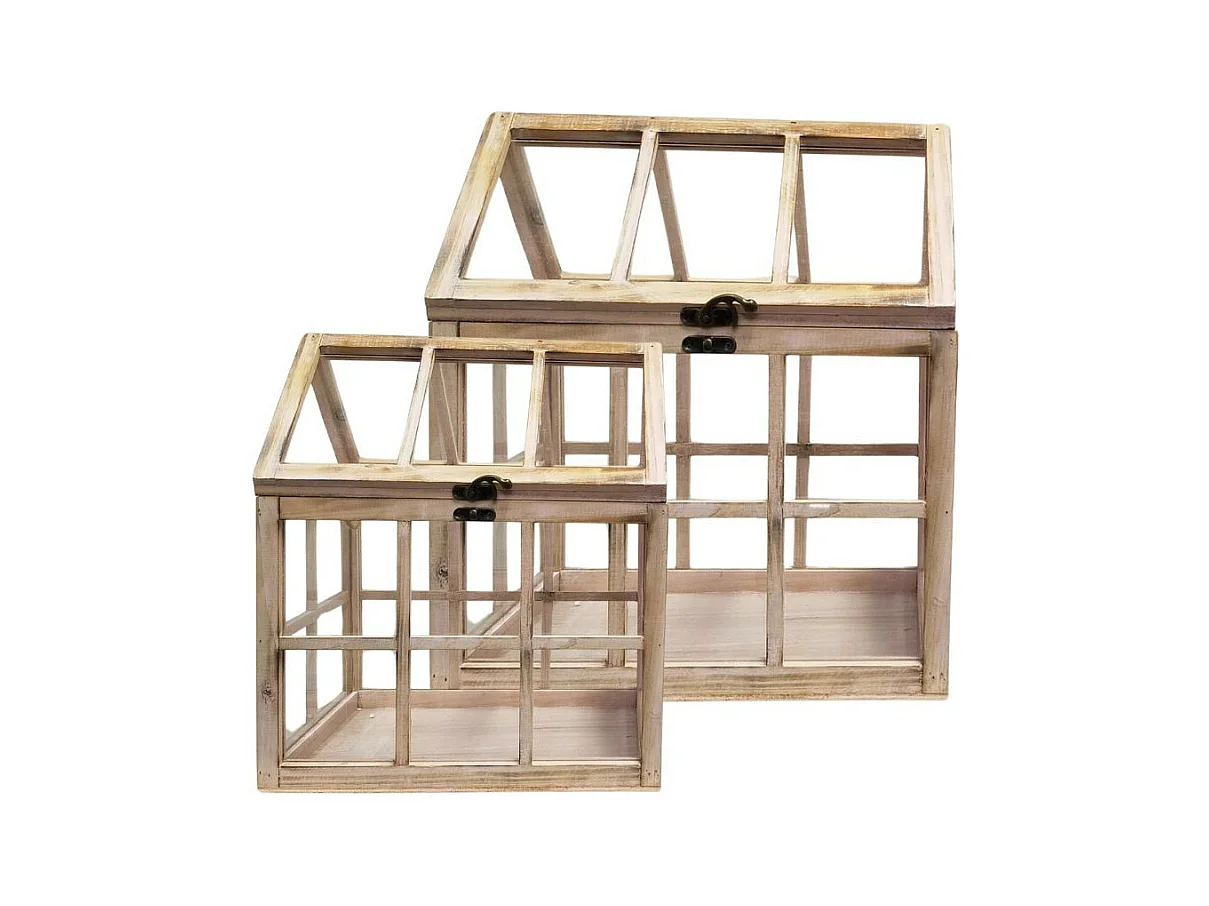 Set de 2 mini serres d'intérieur en bois naturel rosé et verre