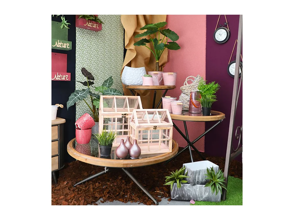 Set de 2 mini serres d'intérieur en bois naturel rosé et verre