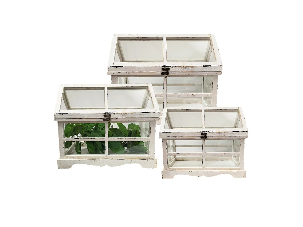 Set de 3 mini serres d'intérieur en bois blanc et verre