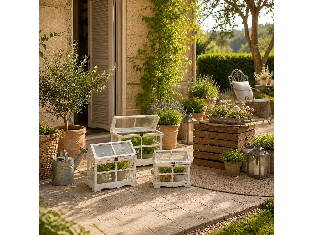 Set de 3 mini serres d'intérieur en bois blanc et verre