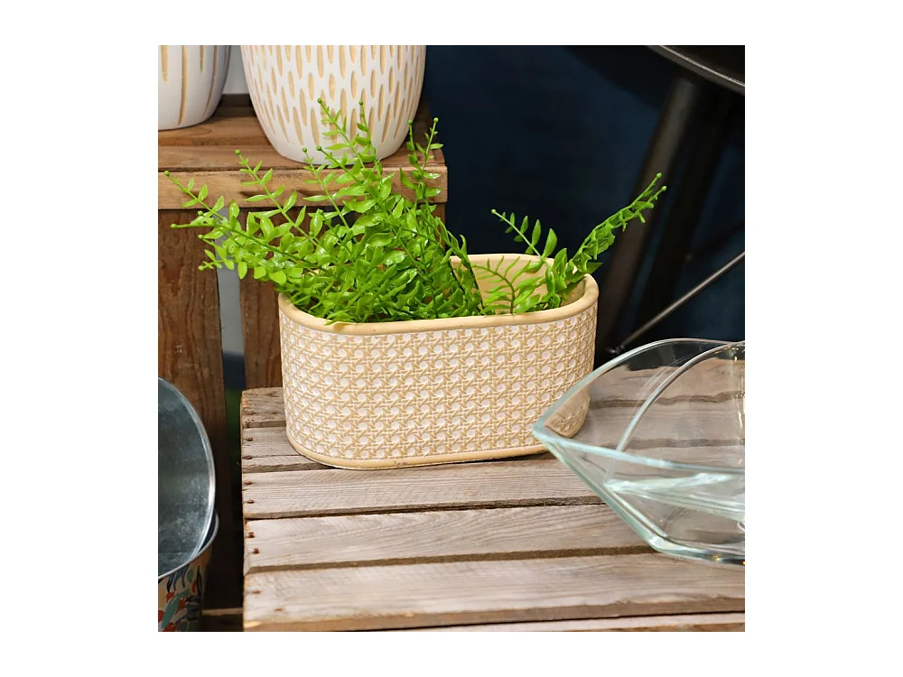 Jardinière "Cannage" béton beige et blanc 26.5 x 15 x 13 cm