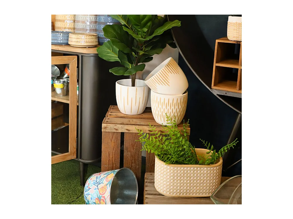 Jardinière "Cannage" béton beige et blanc 26.5 x 15 x 13 cm