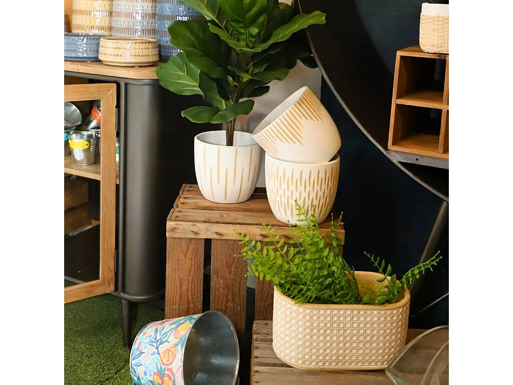 Jardinière "Cannage" béton beige et blanc 26.5 x 15 x 13 cm