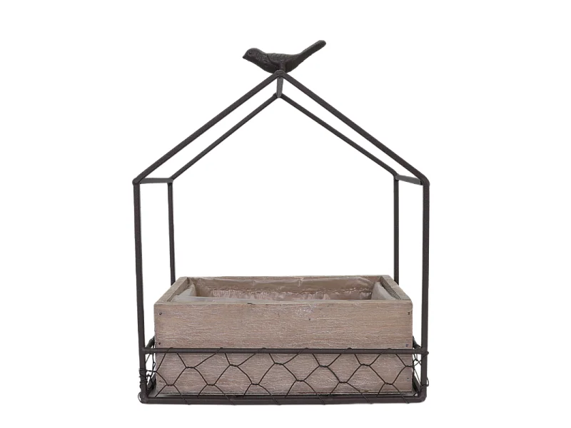 Jardinière extérieure pot fleurs jardin bois métal marron 21x12x24.5cm