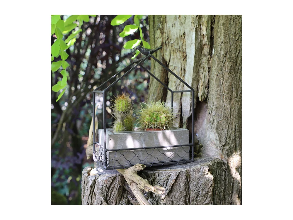 Jardinière extérieure pot fleurs jardin bois métal marron 21x12x24.5cm