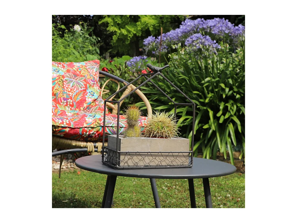 Jardinière extérieure pot fleurs jardin bois métal marron 21x12x24.5cm