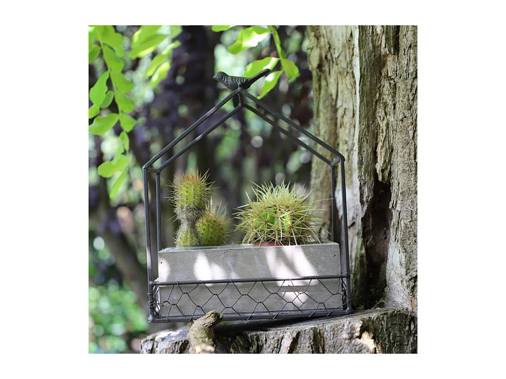 Jardinière extérieure pot fleurs jardin bois métal marron 21x12x24.5cm