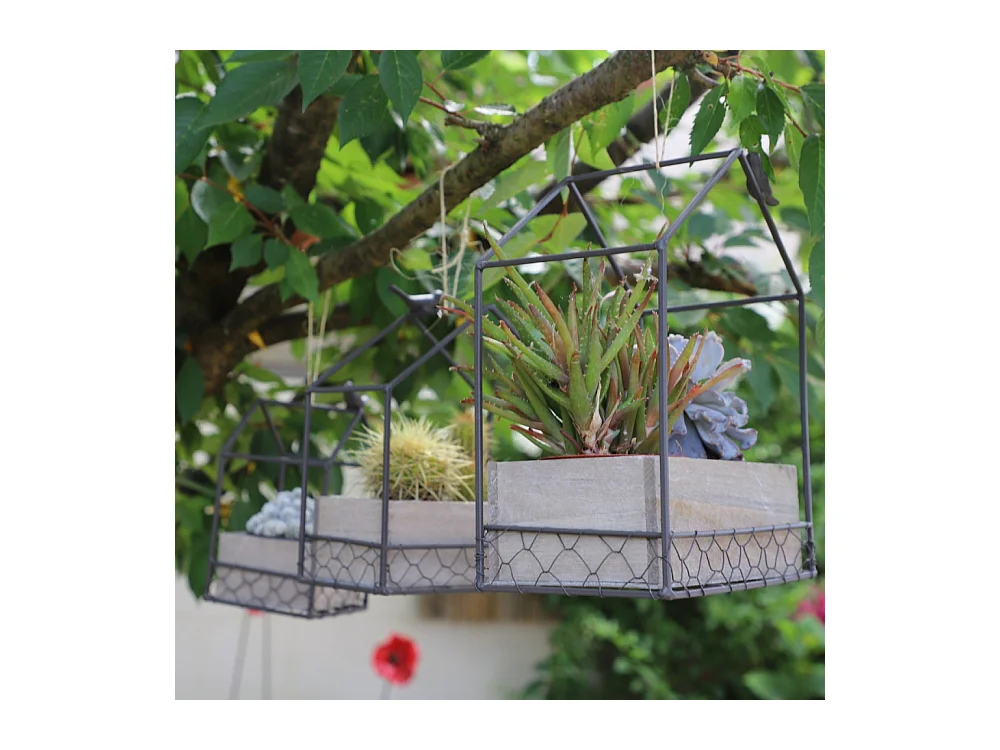 Jardinière extérieure pot fleurs jardin bois métal marron 21x12x24.5cm