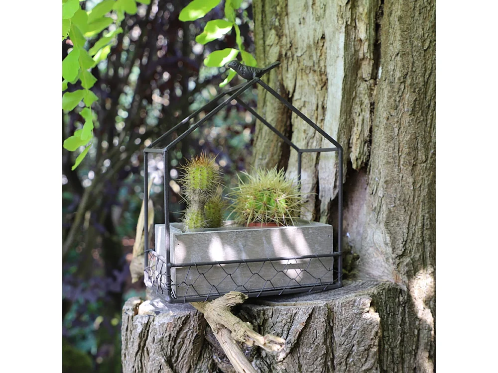 Jardinière extérieure pot fleurs jardin bois métal marron 21x12x24.5cm