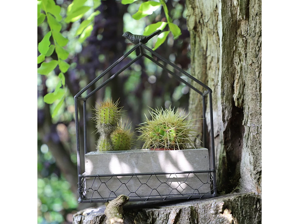 Jardinière extérieure pot fleurs jardin bois métal marron 21x12x24.5cm