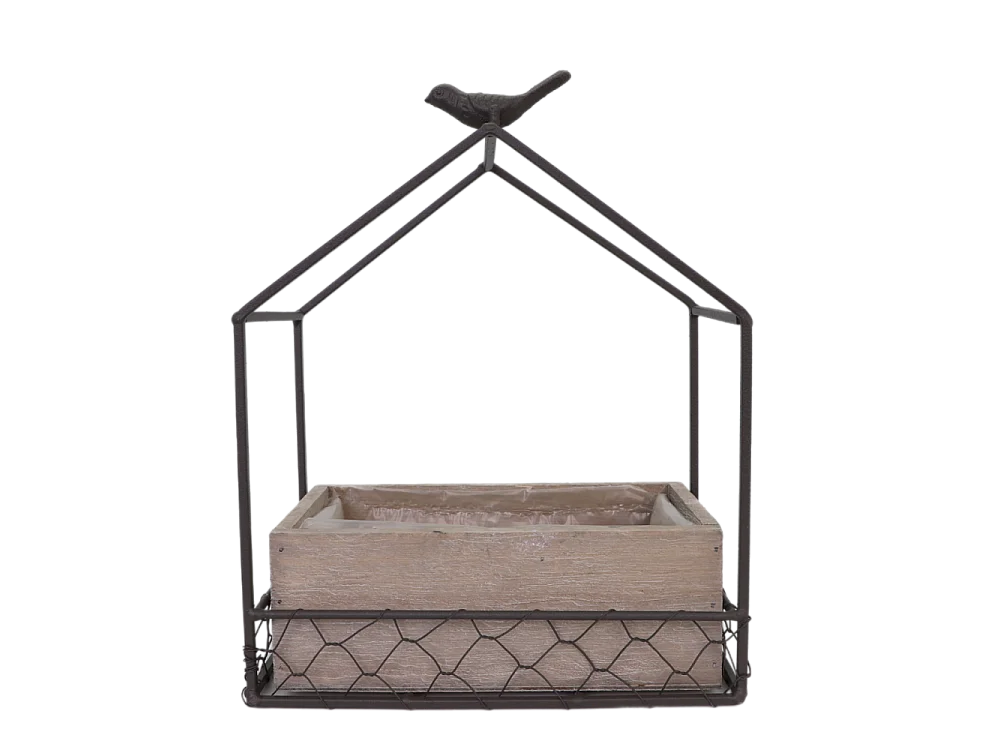 Jardinière extérieure pot fleurs jardin bois métal marron 21x12x24.5cm