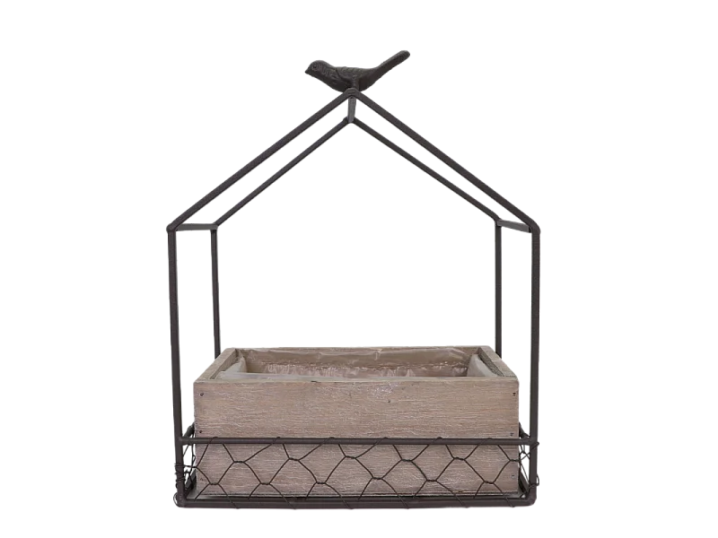 Jardinière extérieure pot fleurs jardin bois métal marron 21x12x24.5cm