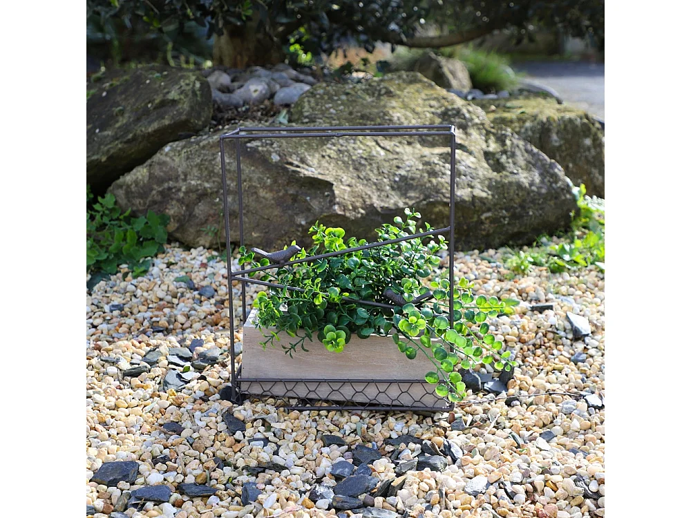 Jardinière extérieure pot fleurs jardin bois métal marron 28x10x35cm